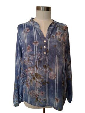 Femme Fatale Italy Blue Floral Roll Tab Sleeve Viscose Blouse w' Sequin Detail L